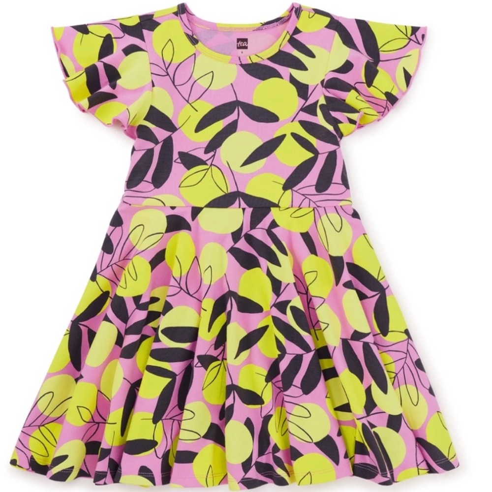 Tea Collection Kids Skater Dress with Pink and Yellow Lemon Leaf Pattern Size 5